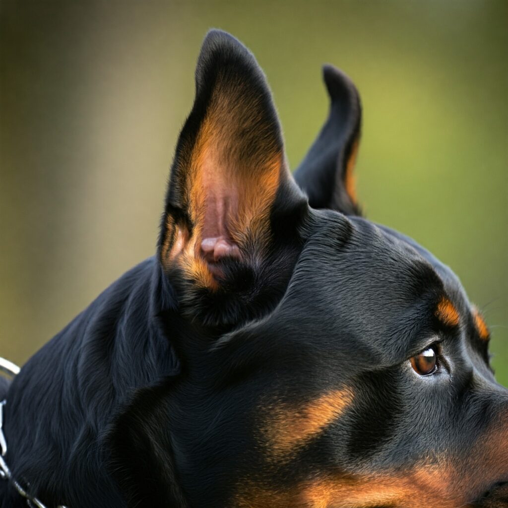 A close-up photo of a Rottweiler's ears, highlighting their triangular shape and low placement on the head.