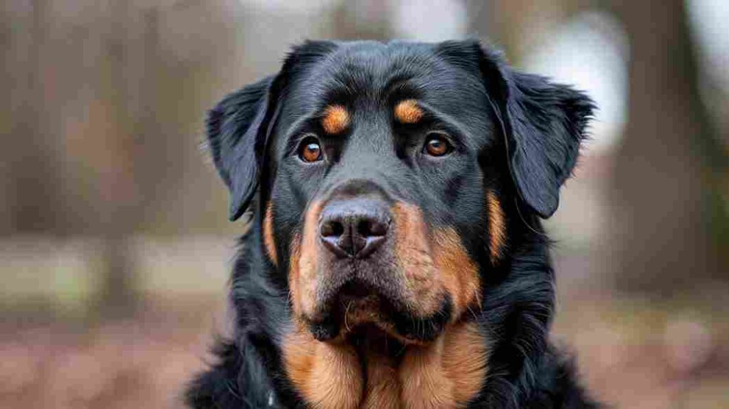 Long-haired Rottweiler close-up portrait