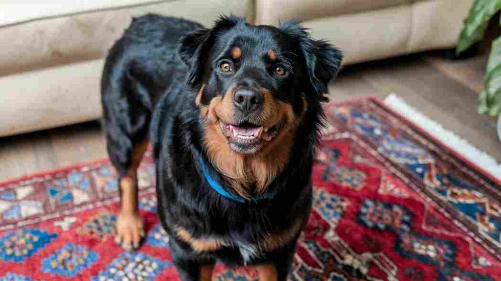 A happy long-haired Rottweiler adopted from a shelter.