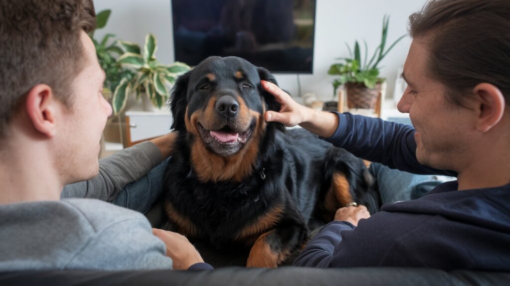 Long-haired Rottweiler cuddling with family