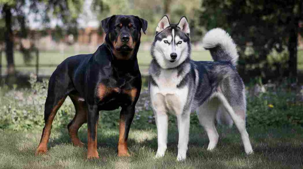 A photo of a Rottweiler and a Husky standing next to each other. The Rottweiler is black with tan markings and has a muscular build. The Husky is gray and white with a fluffy coat and a lean build.