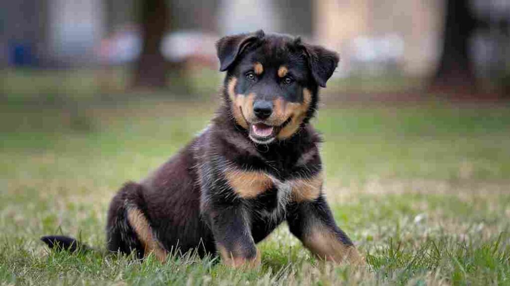 Rottweiler Husky mix puppy playfully resisting training.