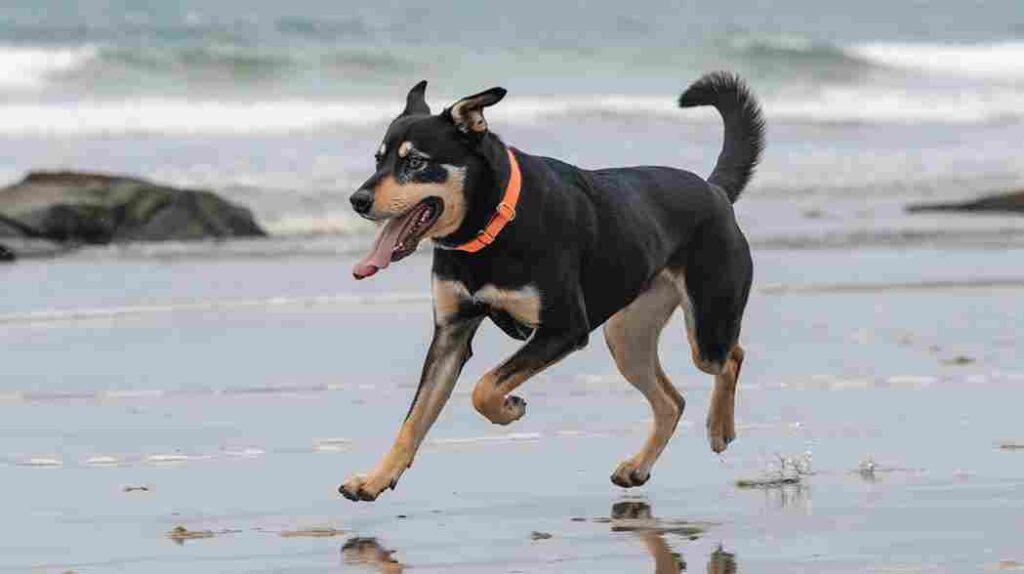 Rottweiler Husky mix running with high energy at the beach.