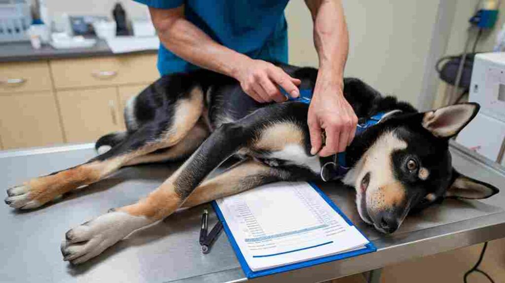 Veterinarian examining a Rottweiler Husky mix for hip dysplasia.