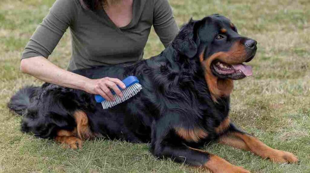 Brushing a long-haired Rottweiler with a slicker brush