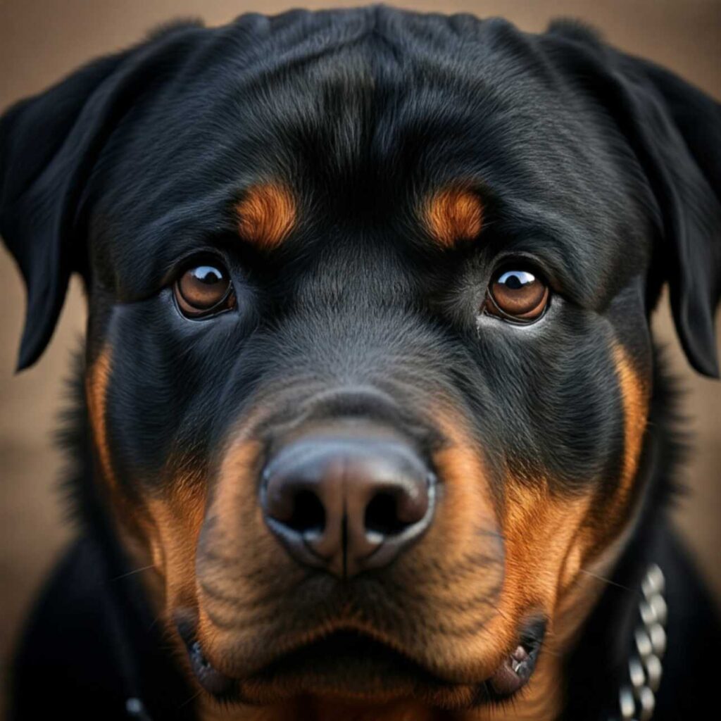 Close-up of a Rottweiler head with a curious expression