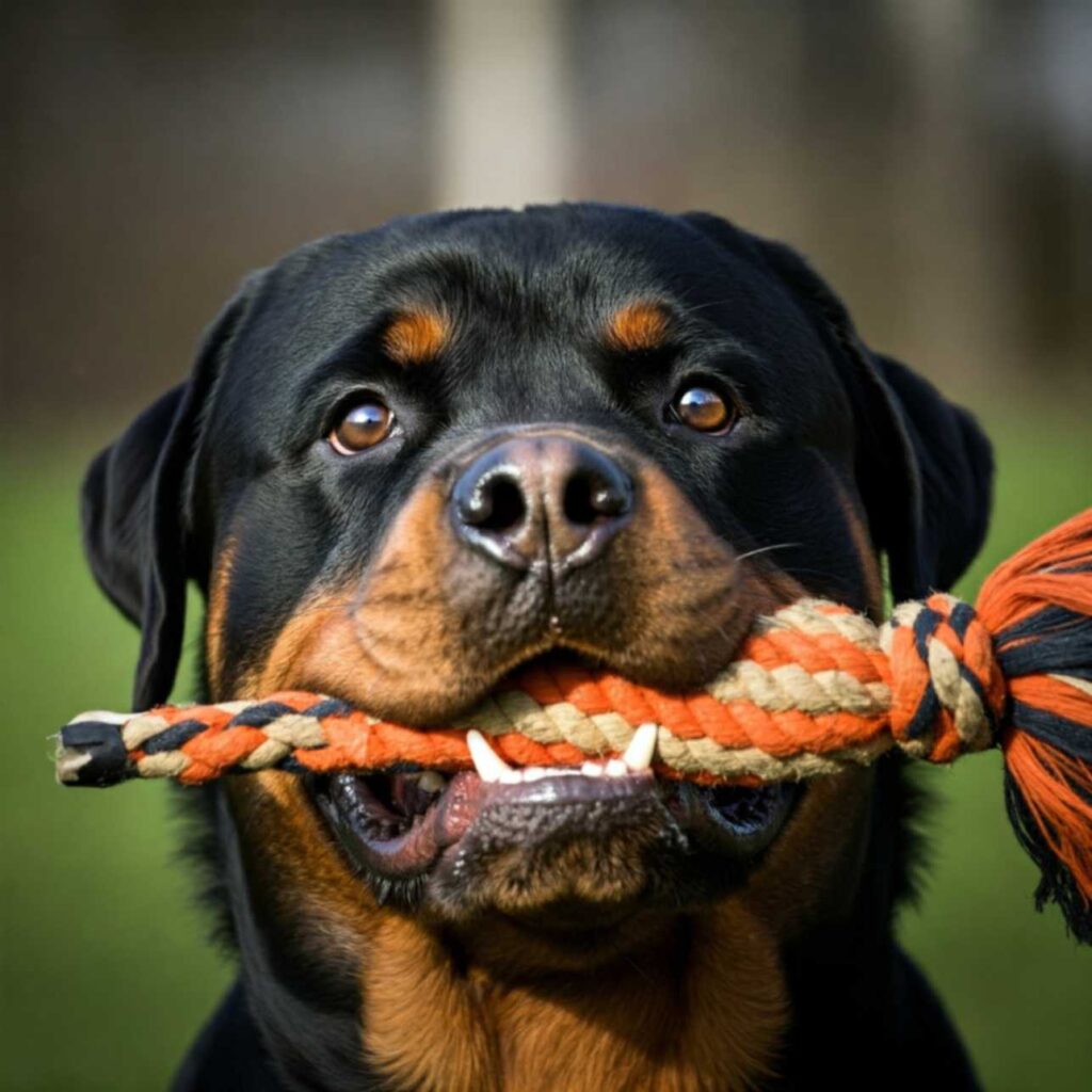 A close-up photo of a Rottweiler's muzzle, highlighting its broad shape and powerful jaws. The Rottweiler is gently holding a toy in its mouth, demonstrating its control and gentle nature.