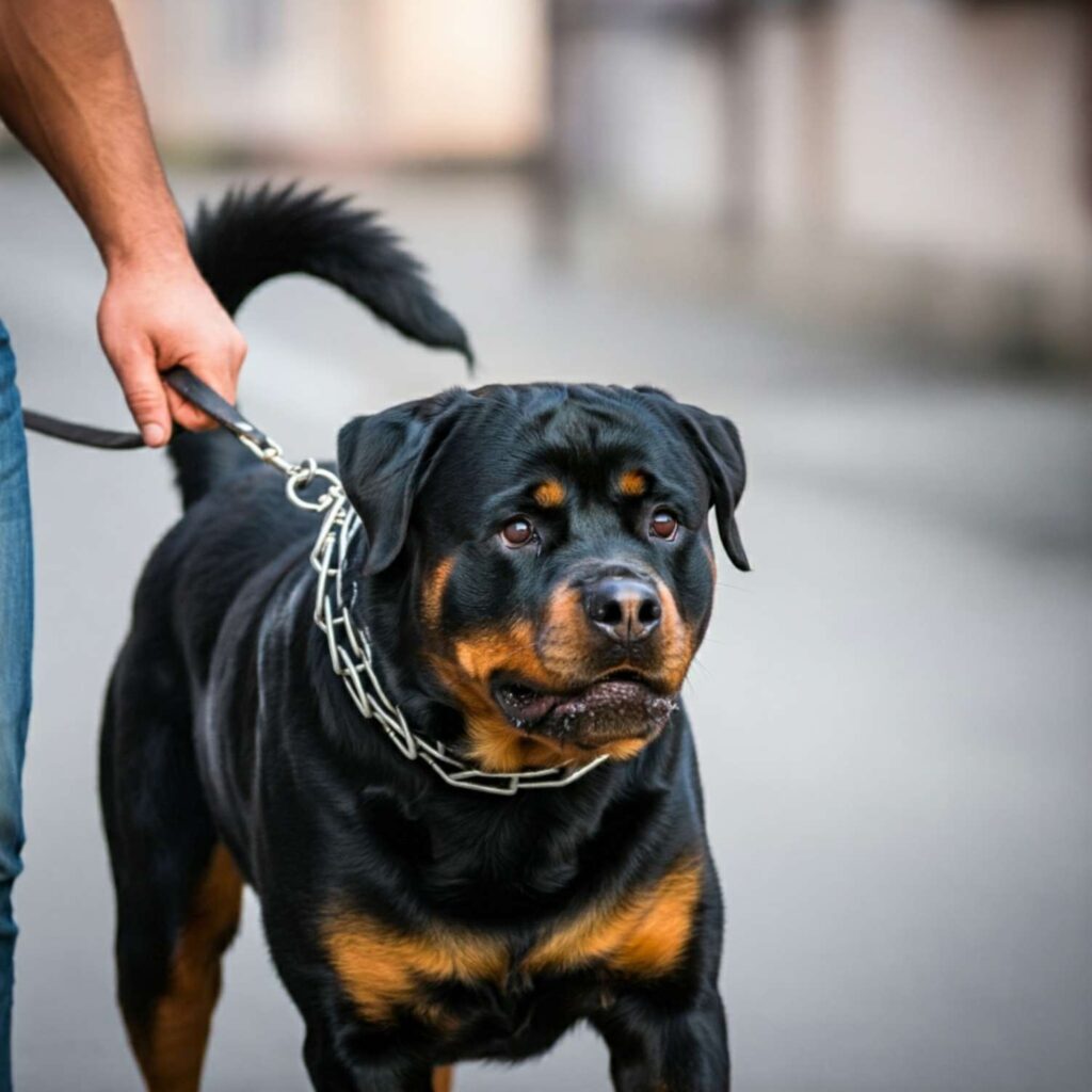 A Rottweiler with its expressive face in a state of anxiety, its tail tucked between its legs as it paces nervously behind its owner, the scene set against a blurred urban background.