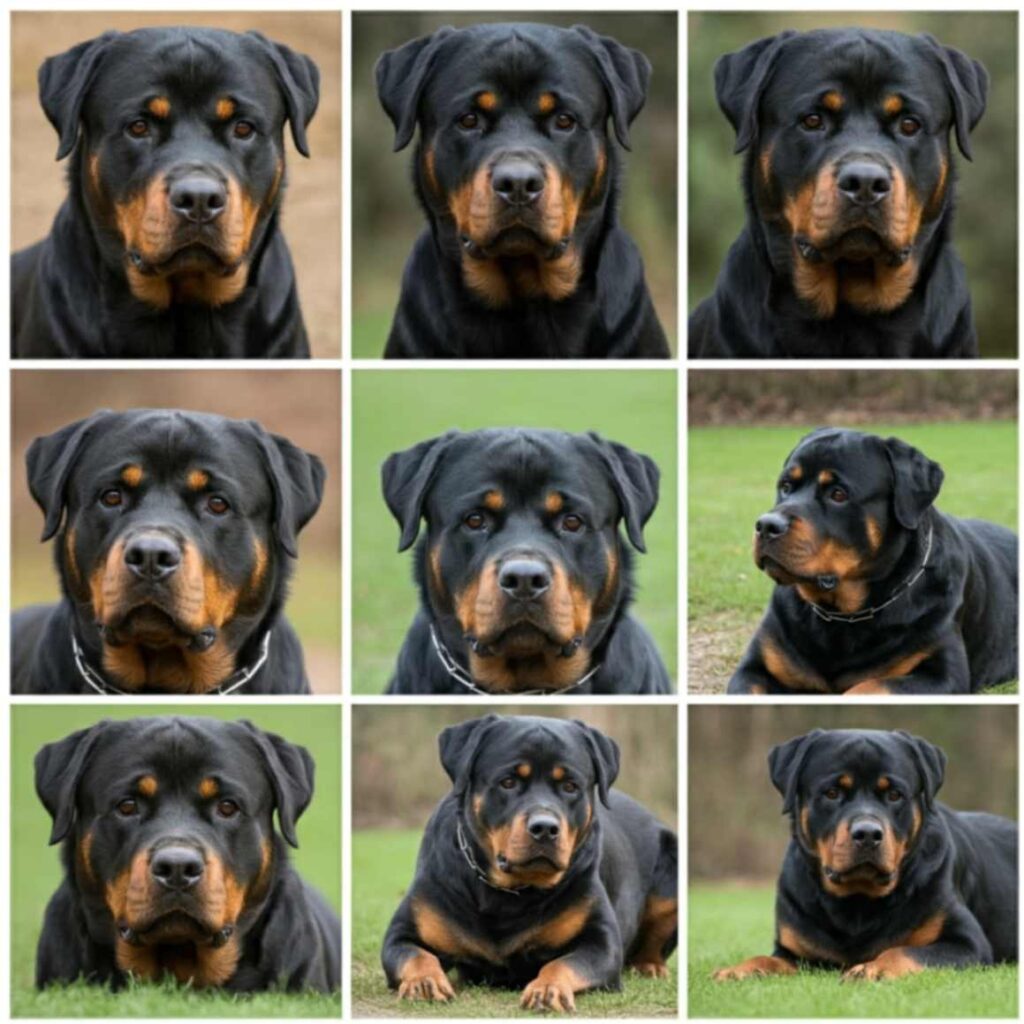 A series of images showing a Rottweiler with different ear positions (alert, relaxed, anxious) to illustrate how ear movement reflects their emotional state.