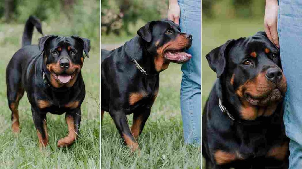 Collage of Rottweiler displaying various clingy behaviors: following, leaning, and watching