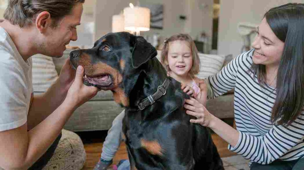 Rottweiler interacting with multiple family members showing equal affection