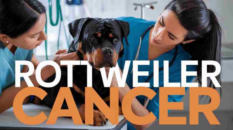 Professional veterinarian performing gentle examination on alert, calm Rottweiler while concerned owner provides comfort