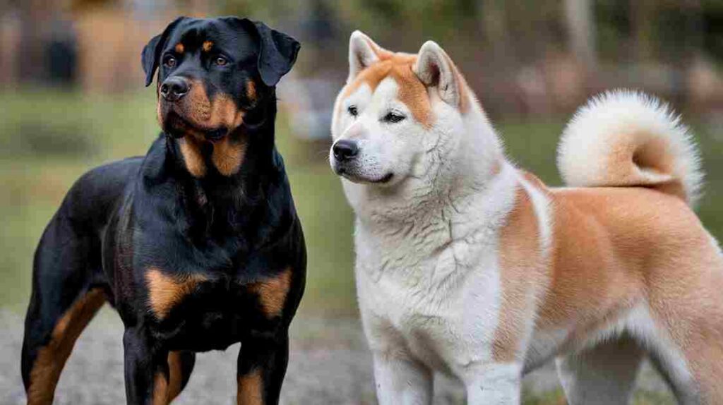 Akita in standard pose showing physical similarity to Rottweiler