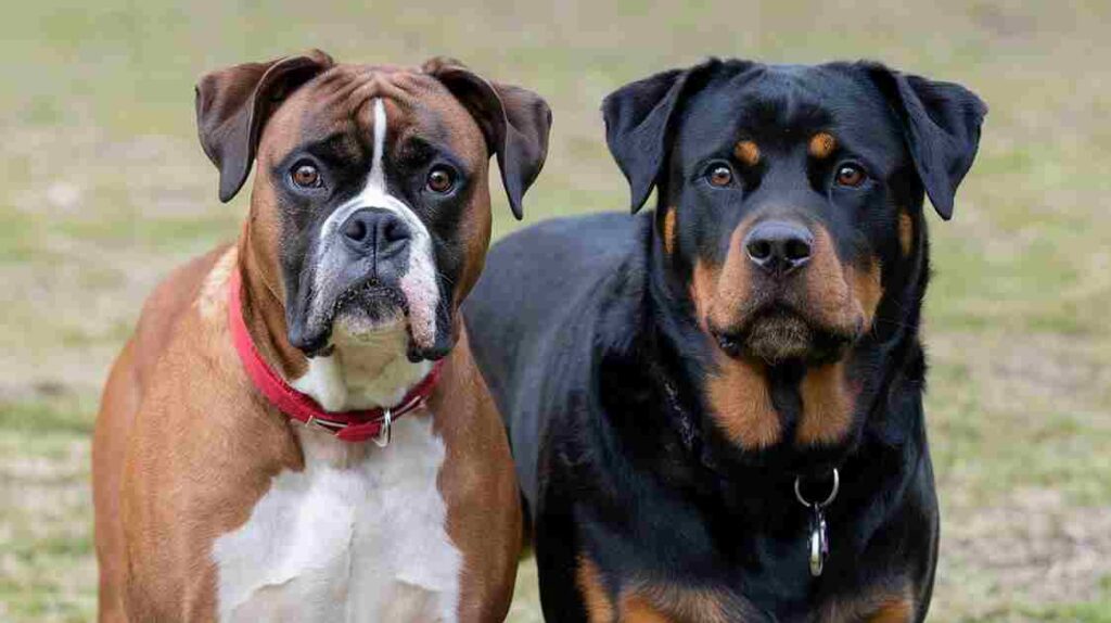 Boxer in standard pose showing physical similarity to Rottweiler