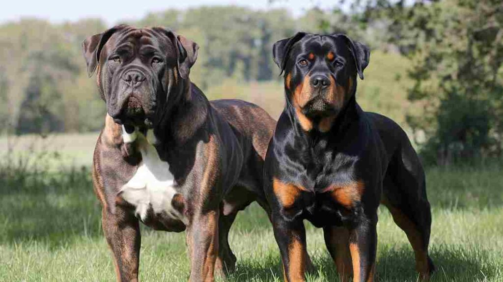 Bullmastiff in standard pose showing physical similarity to Rottweiler