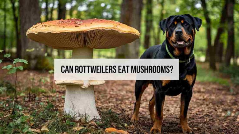 A photo of a Rottweiler dog standing next to a giant mushroom in a forest