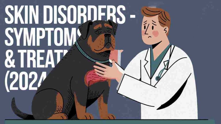 An illustration of a doctor examining a Rottweiler with a sad face.