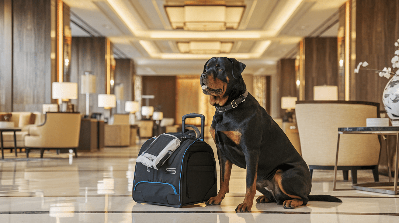 Rottweiler sitting calmly next to luggage in an upscale hotel lobby