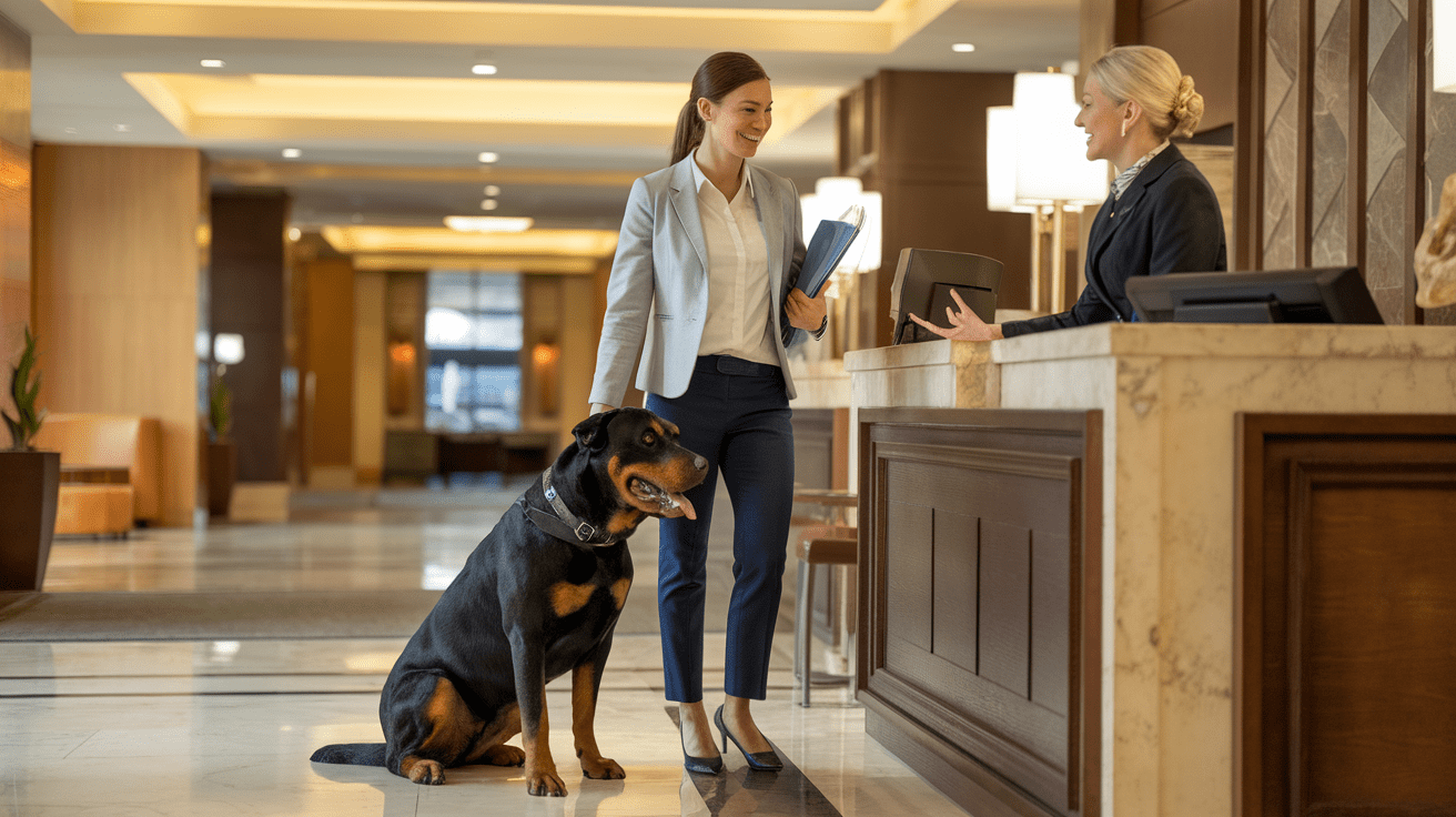 Female veterinarian checking into a hotel with a Rottweiler while showing pet documentation to front desk staff