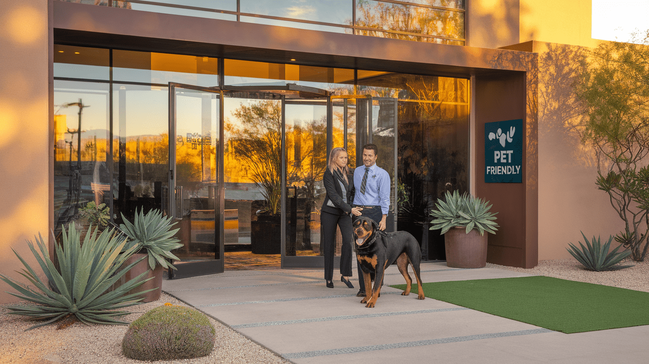 Hotel entrance with staff member greeting guest and Rottweiler, featuring pet-friendly amenities