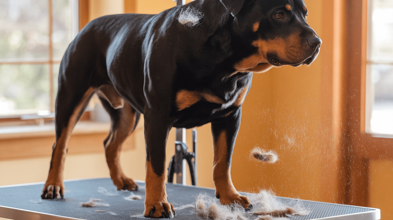 Do Rottweilers shed? A Rottweiler being groomed, showing significant fur shedding from its double coat