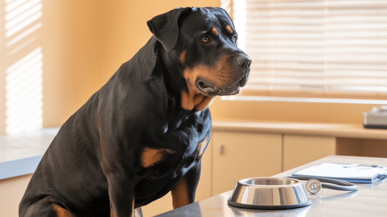 Rottweiler in veterinary office looking intently at empty food bowl