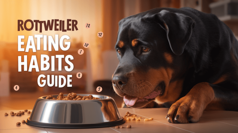 Rottweiler looking eagerly at food bowl with text about eating habits above