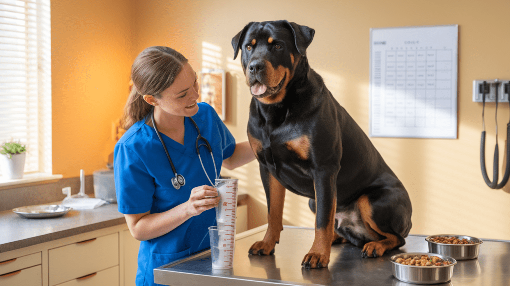 Why is my Rottweiler eating so much? Veterinarian demonstrating proper portion sizes for a healthy Rottweiler using measuring cups