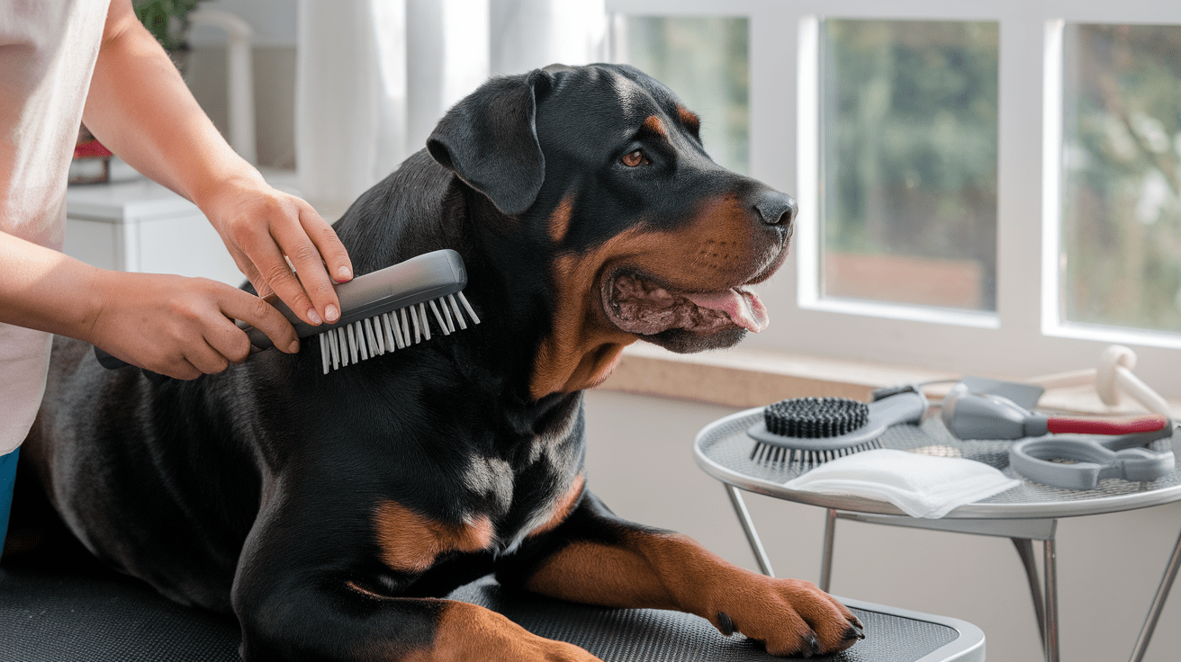 Rottweiler being brushed with professional grooming tools