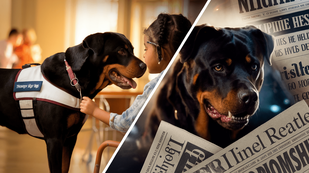 Why do Rottweilers have bad reputation? Split image contrasting positive and negative media portrayals of Rottweilers, showing therapy dog work versus dramatic movie scene