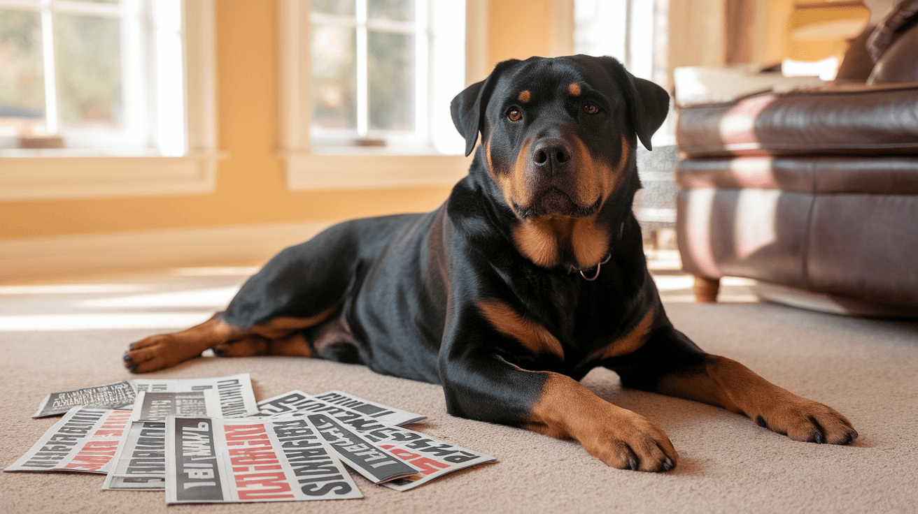 A peaceful Rottweiler resting beside newspaper headlines about breed misconceptions