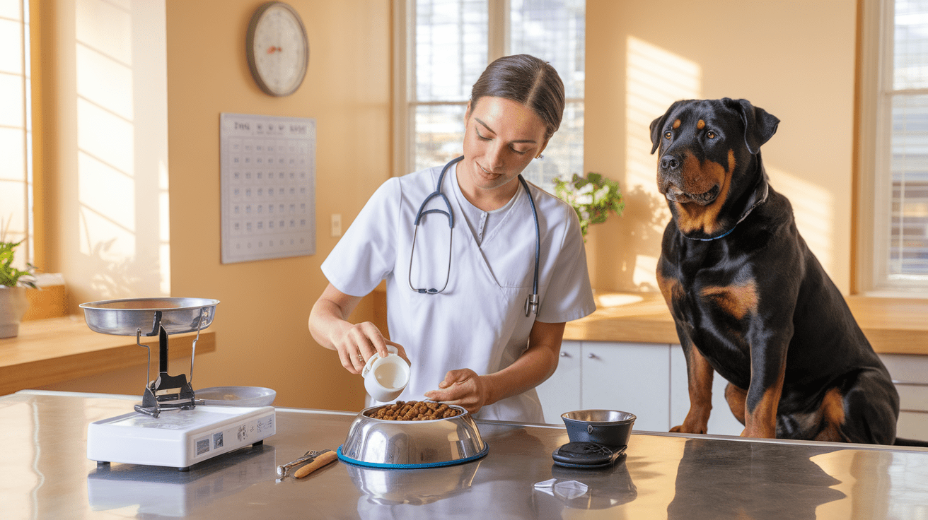 Veterinarian measuring dog food portions with a Rottweiler watching nearby