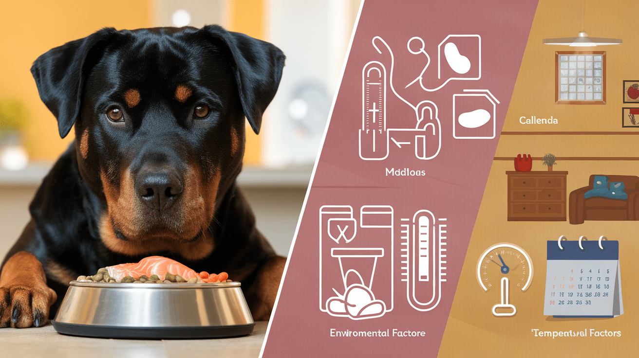 Three-panel infographic showing diet, health, and environmental factors affecting Rottweiler shedding