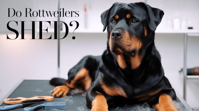 Rottweiler with visible shedding fur and grooming tools