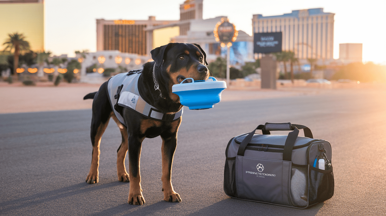 Rottweiler with cooling vest and water bowl in front of Las Vegas Strip at sunrise