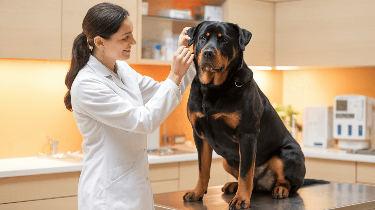 Veterinarian examining a calm Rottweiler during a check-up in a clinic