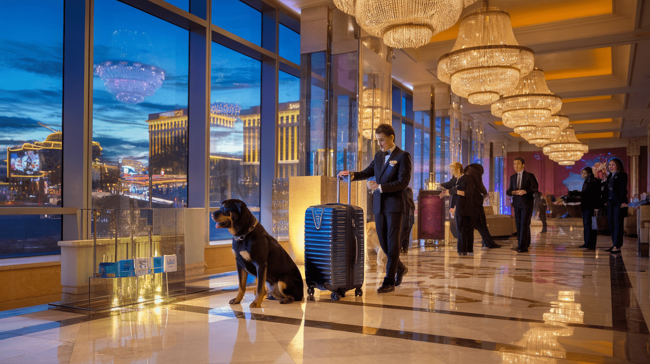 Las Vegas Rottweiler friendly hotels - Elegant hotel lobby with a Rottweiler and owner checking in, surrounded by luxury amenities and pet-friendly features