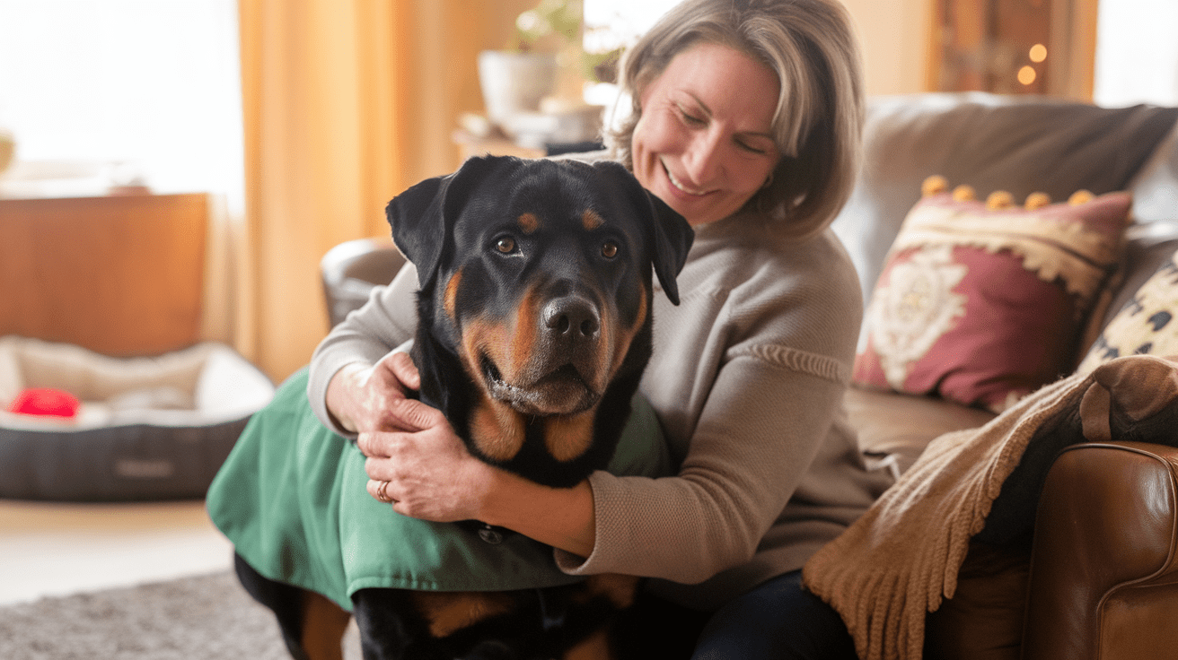 Adult Rottweiler being hugged by a woman in a comfortable home setting