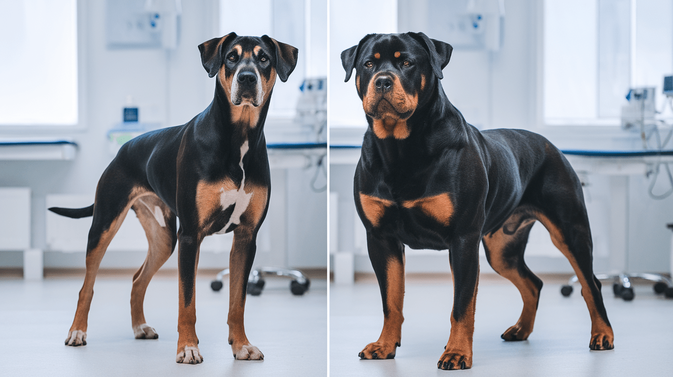 Alsatian vs Rottweiler: side-by-side comparison showing distinct breed characteristics in a veterinary setting