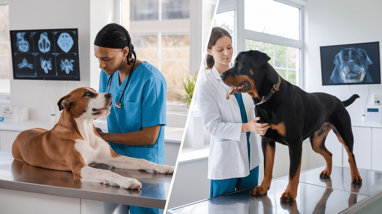 Side-by-side comparison of Alsatian and Rottweiler receiving veterinary examinations