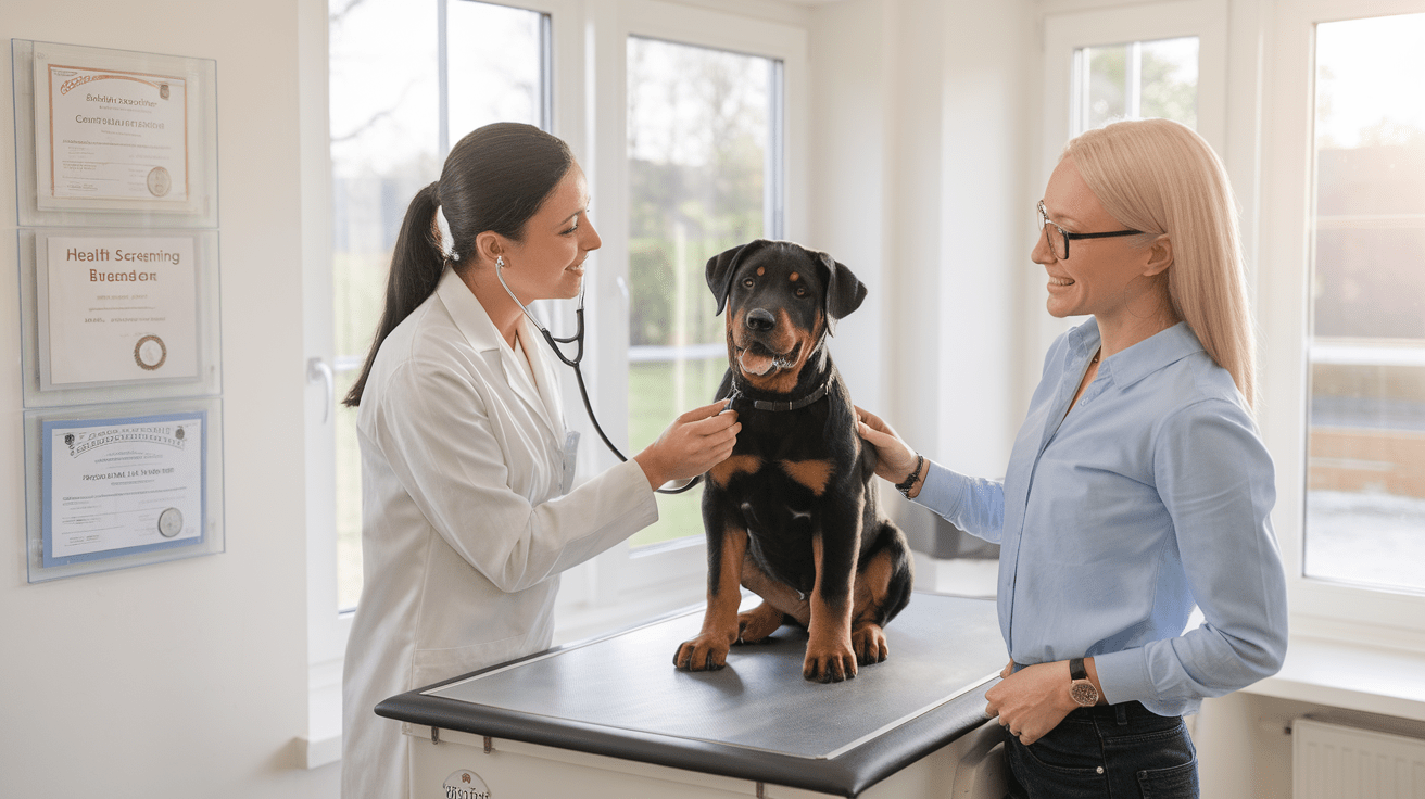 rottweiler breeders california - veterinarian conducting health screening on Rottweiler puppy with professional breeder present