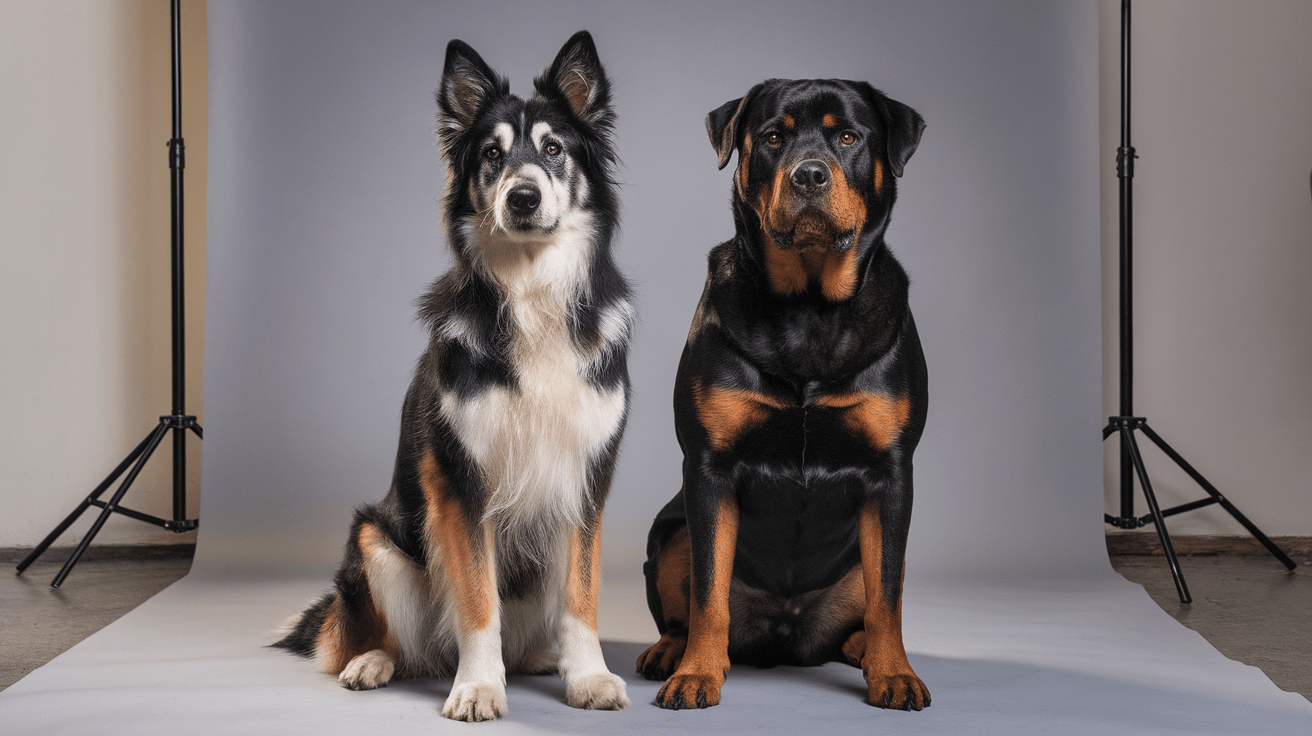 A German Shepherd and Rottweiler sitting side by side in a studio setting