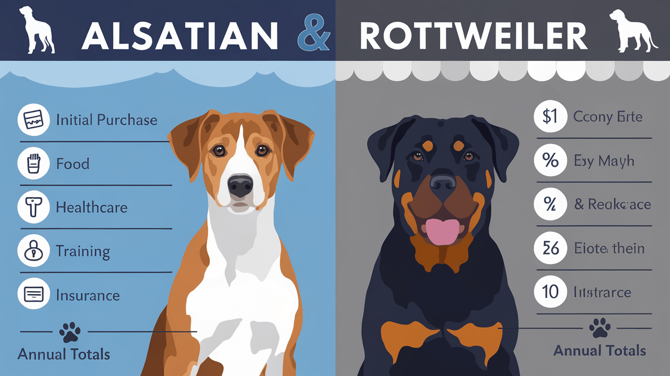 Cost comparison infographic showing expenses for Alsatian vs Rottweiler ownership with detailed breakdowns of various costs