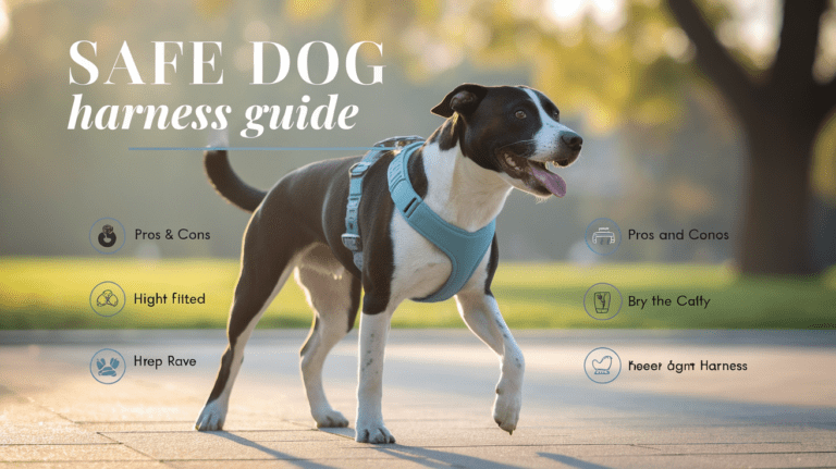 Dog wearing safety harness in park with informational text overlay about harness guide
