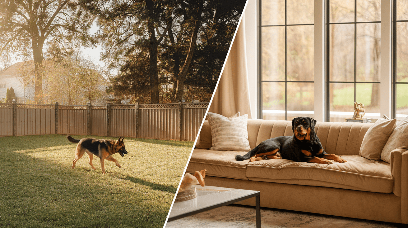 Split-screen comparison of German Shepherd in backyard and Rottweiler in living room