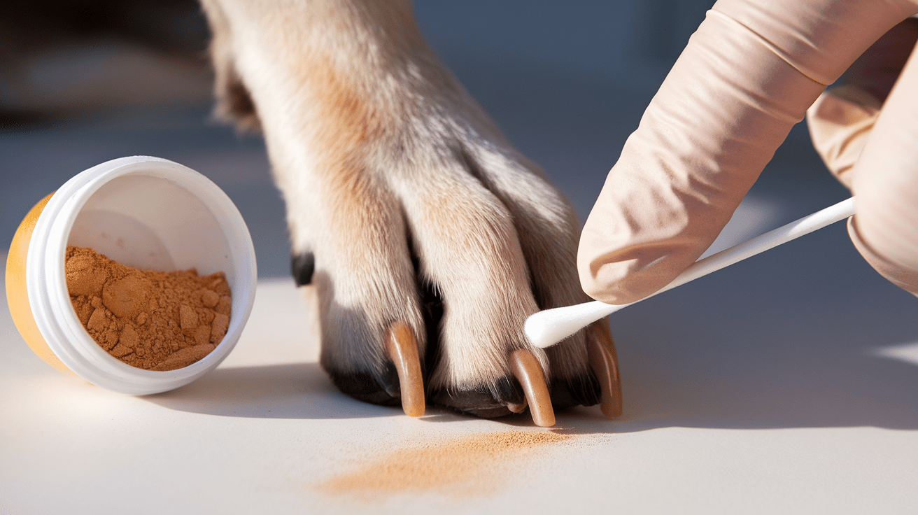 Close-up of a bleeding dog nail being treated with styptic powder and cotton swab