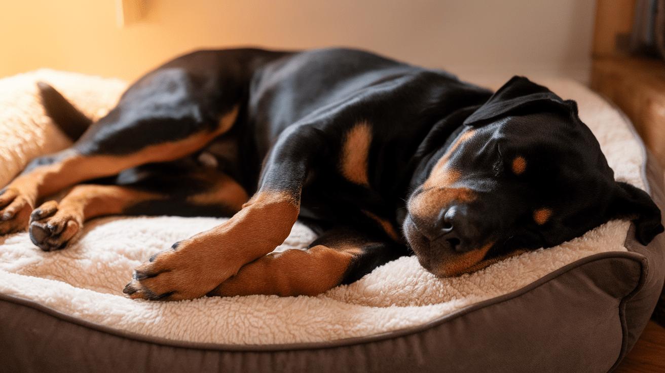 Sleeping Rottweiler exhibiting dream movements while lying on a dog bed