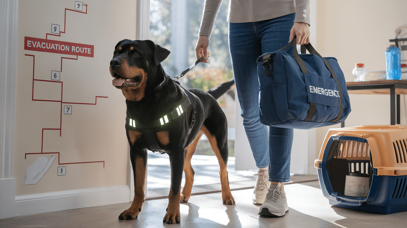 Rottweiler and owner practicing emergency evacuation with emergency supplies and route map