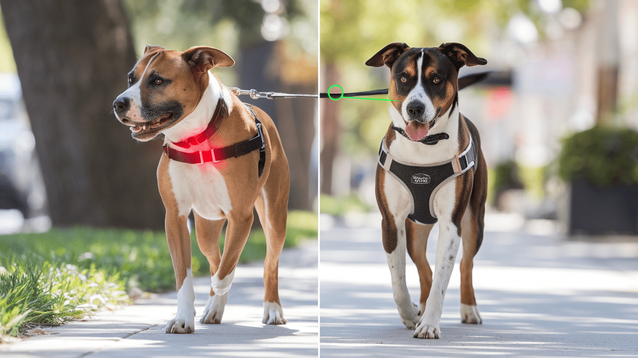 Split-screen comparison of dog wearing collar versus harness, showing pressure distribution differences