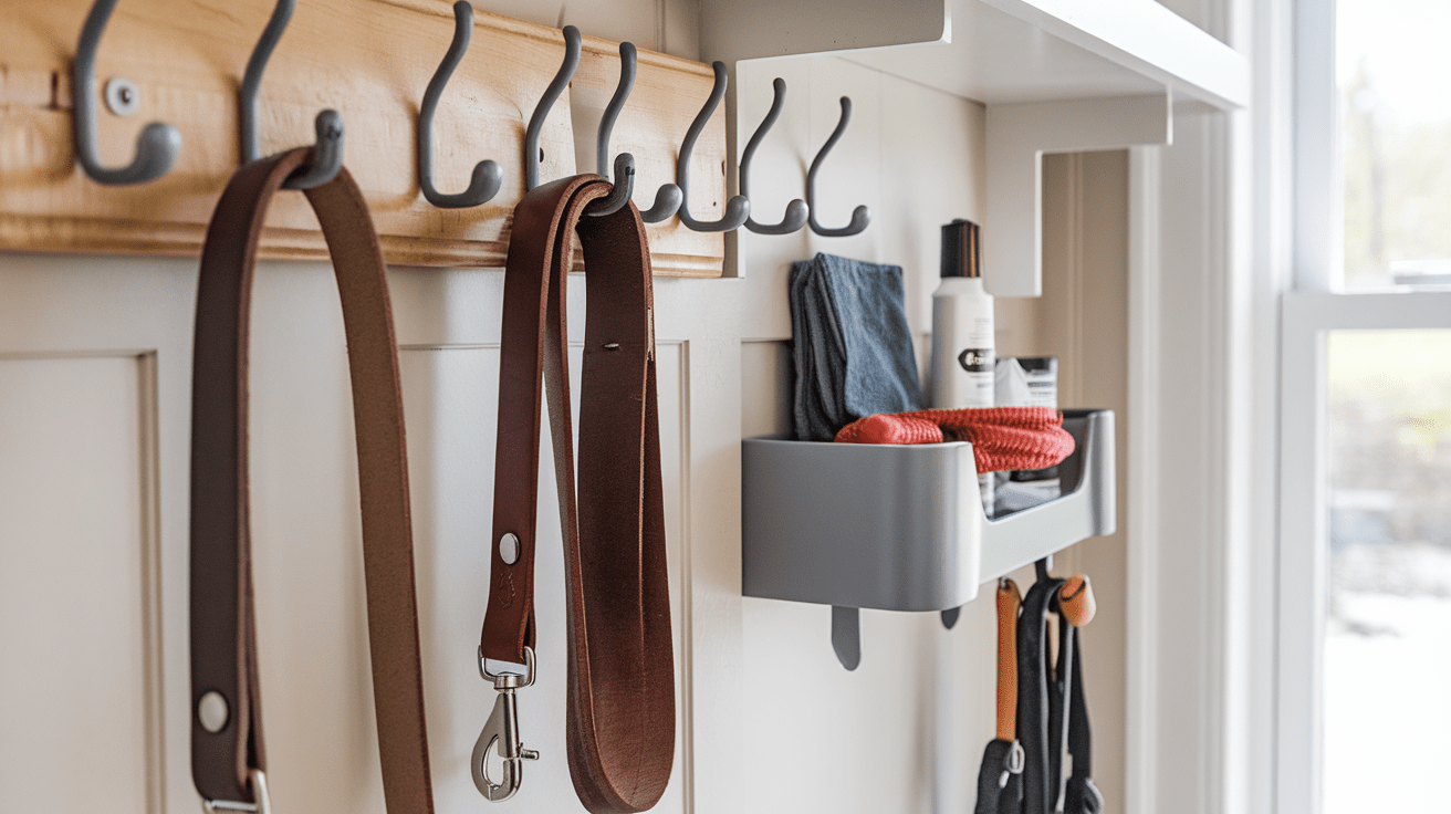 Organized wall-mounted leash storage system with maintenance supplies